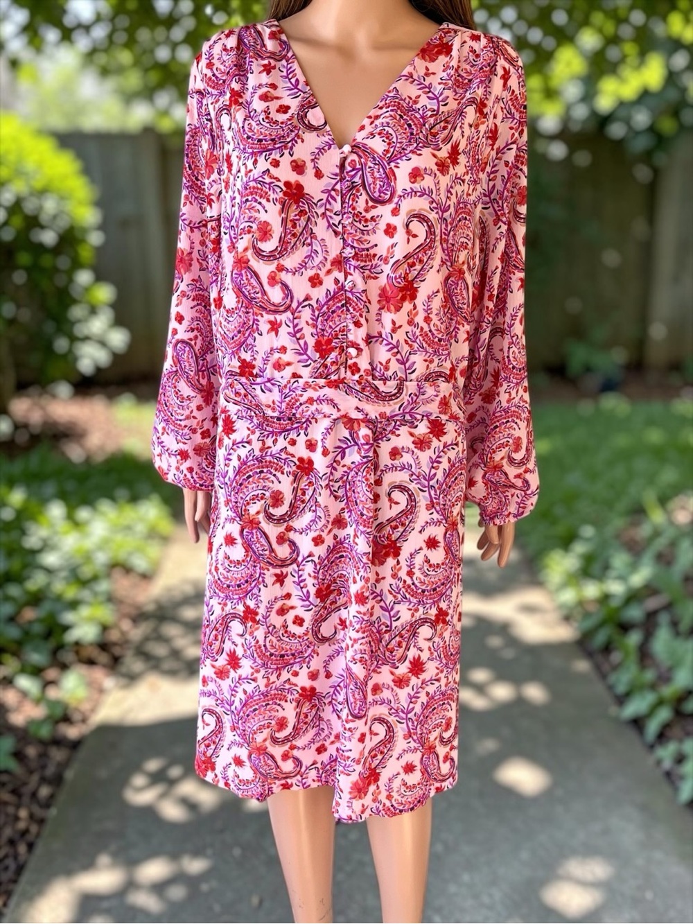 Lands’ End Floral Paisley Belted Midi Dress 20W Pink Purple Lined